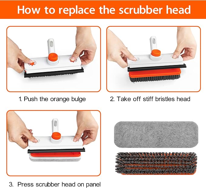 Floor Scrub Brush with Long Handle, 3-in-1 Rotating Scrubber with Squeegee | 60" Telescopic Floor Scrubber with 2 Detachable Heads for Cleaning Shower Bathroom Kitchen Deck Bathtub Tile Patio Garage