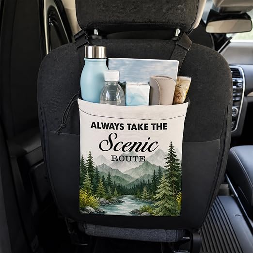 Nature Landscape Scenic Car Trash Bag Hanging for Back Seat | Camping Camper Hiking Gifts Canvas Drawstring Car Garbage Bag with Adjustable Buckle Vehicle Trash Can