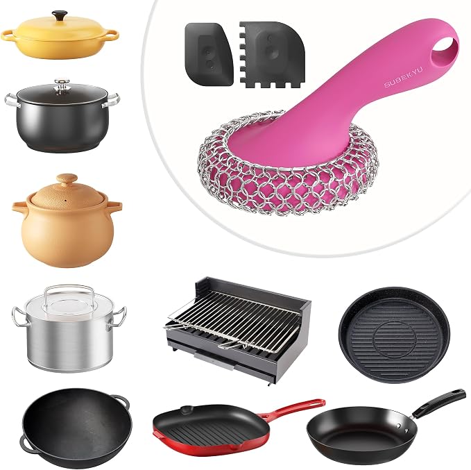 SUBEKYU Cast Iron Scrubber with Silicone Handle, Stainless Steel Skillet Cleaner for Cast Iron Pans (Pink Scrubber + Scraper)
