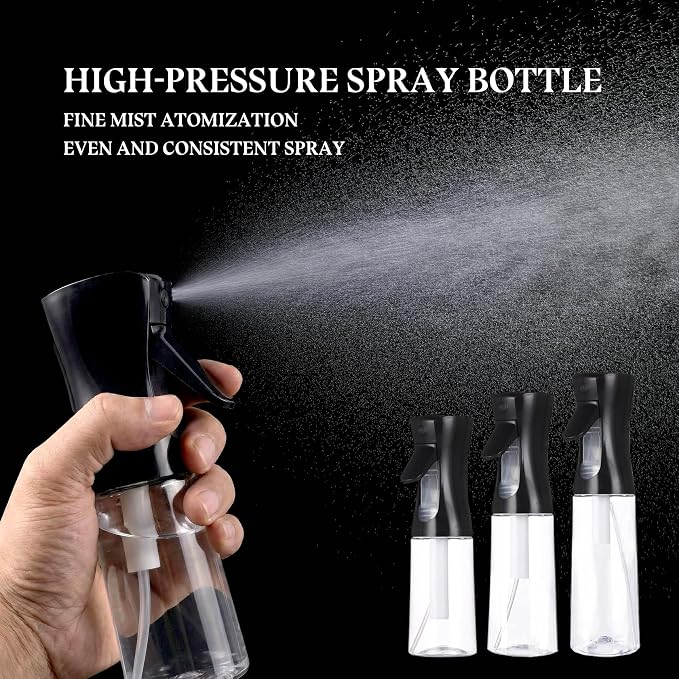3 Pack Continuous Spray Bottle Atomizing Mister for Hair,Plants,Cleaning,Travel Fine Mist Water Spray Bottles for Styling,Refillable Empty Spray Bottles Black&Transparent (200ml+300ml+500ml)