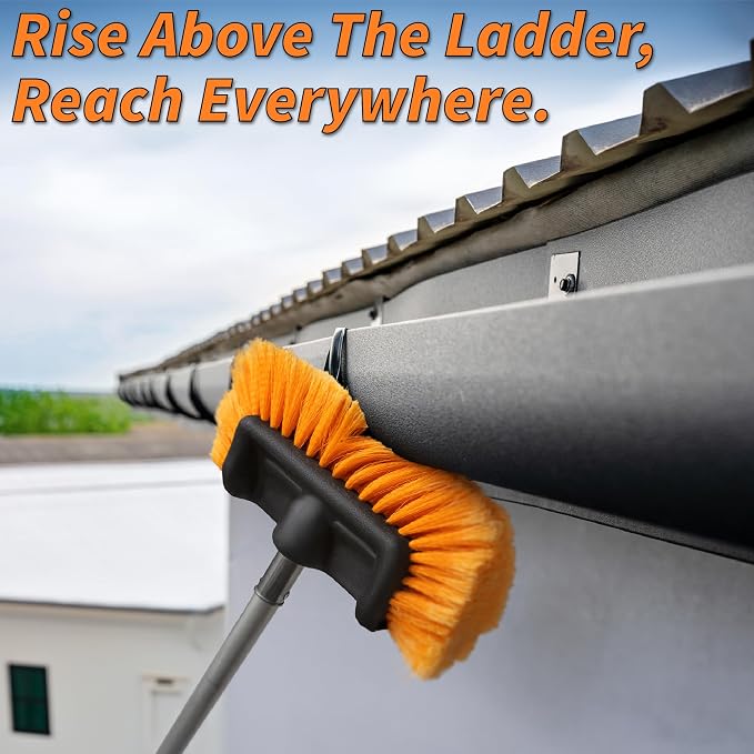 30-Foot Exterior House Cleaning Brush Set with 5-24 ft Extension Pole | Vinyl Siding Brushes with Telescopic Extendable Pole & Window Cleaning Squeegee // The Ultimate Extension Scrub Brush Set