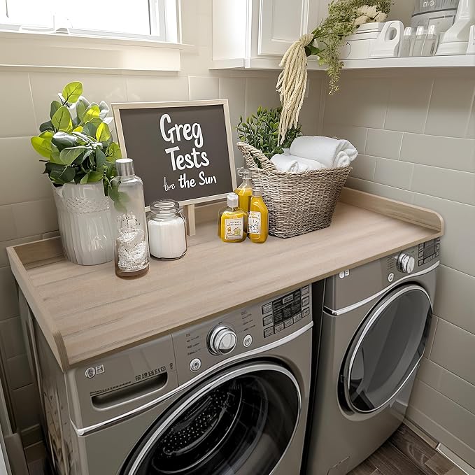Washer Dryer Countertop 58" x 28" Extra Large Version, Melamine Countertop with 3.5" Edge Rails, Laundry Room Organization, Oak(Grey Tone)