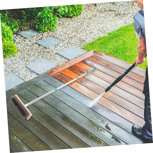 PRETYZOOM Stainless Steel Deck Scrub Brush with Handle Heavy Duty for Concrete Floors Patios and Garages Versatile Outdoor Cleaning Tool