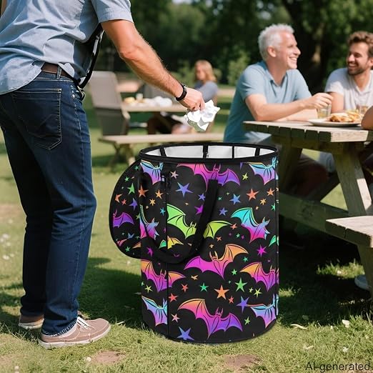 Halloween Bat Outside Garbage Can with Lid 24 Gallon Collapsible Trash Can Easy to Clean Pop-Up Storage Bag for Outdoor Parties Foldable Reusable Trash Bin Camper Must Haves