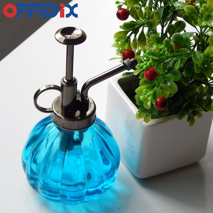 OFFIDIX Glass Spray Bottle Blue Plant Mister Vintage Pumpkin Water Can6.7oz | Spritzer Bronze Plastic Top Pump, 6.3" Tall, 200ml One Hand Small Watering Can Mister for Plants, Fine Mist Spray Bottle