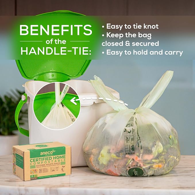 ANECO Compostable Food Waste Bags 3 Gallon With Handles (30 Count) | Extra Strong Compost Bags for Kitchen Countertop Bin - BPI & OK Compost HOME Certified Small Garbage Bags With Handles