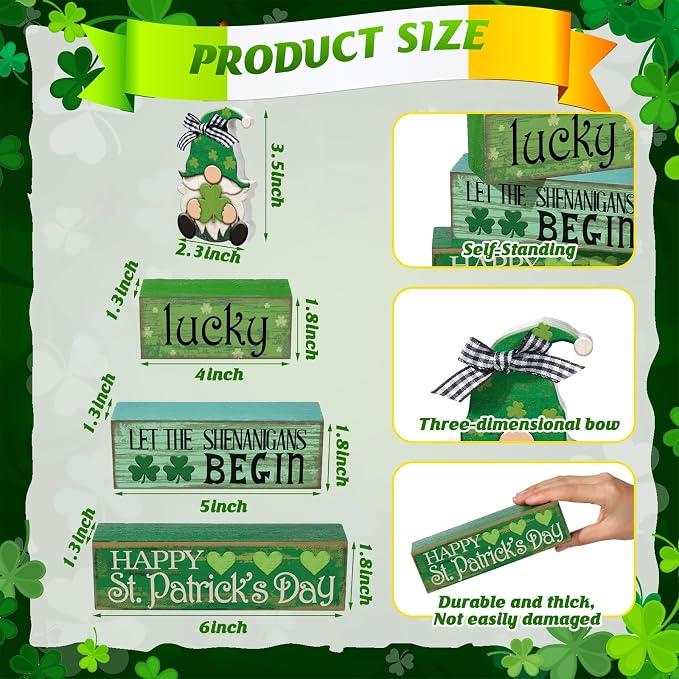 Moucuny 4 Pcs St. Patrick's Day Wood Signs Gnome Tiered Tray Table Decor | Stackable Rustic Blocks with Shamrock Prints, Centerpiece for Tiered Trays, Shelves, Bathroom, Laundry Room