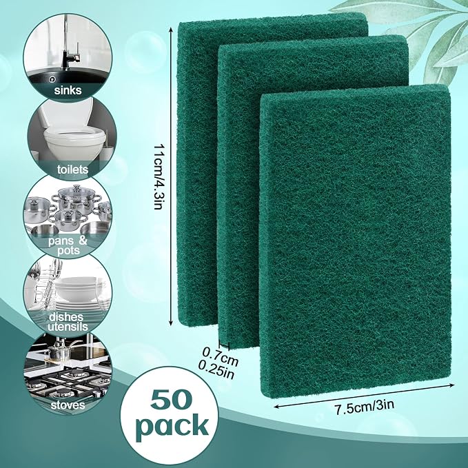 Hoolerry 50 Pcs Non Scratch Scouring Pads for Kitchen Dish,Green | Reusable Anti Grease Scrubbers, for Pan Metal Grills Cookware, Household Cleaning Dishwashing, 4.3 x 3 x 0.3 Inch Size