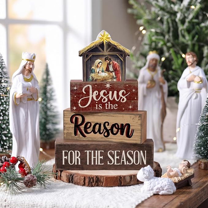 Moucuny 4 Pcs Christmas Table Decor Christian Nativity Scene Wooden Blocks | Tiered Stacked Centerpiece for Shelf Mantel, Rustic Christmas Holiday Decor with Manger Scene Star Topper, Layered Display