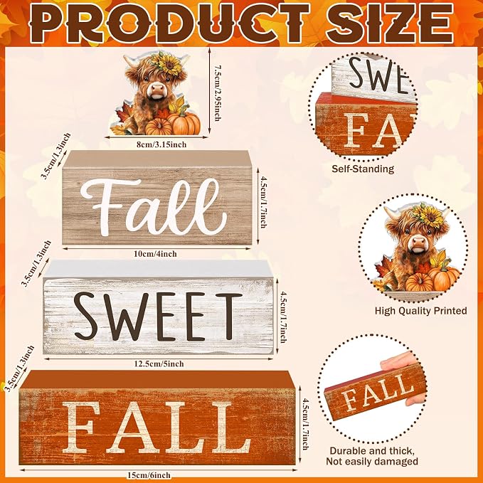Moucuny 4 Pcs Fall Wooden Block Signs, Highland Cow Tiered Tray Farmhouse | Rustic Farmhouse Centerpiece for Kitchen Shelf Bathroom Laundry Room, Sweet Fall Harvest Theme Home Decor Gift