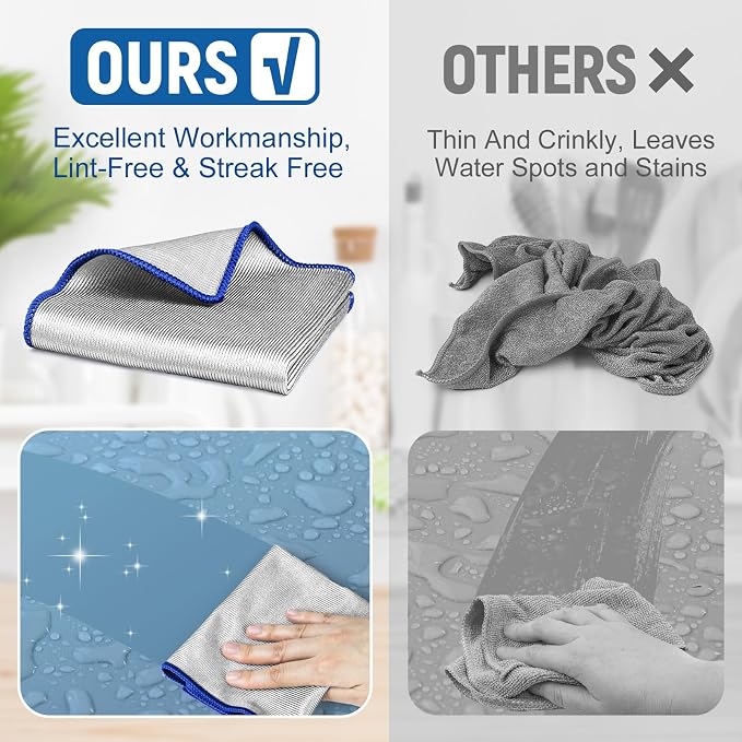 Microfiber Cleaning Cloth Lint Free Glass Polish, Silver-Blue | Absorbent Lint Free Rags, Quick Dry, Streak Free, Glass Cleaner For Household Bathroom, Auto Detailing, 12 x12 in, 6 Pcak