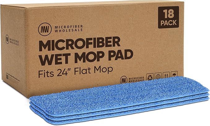 Microfiber Wholesale 24 inch Microfiber Mop Pads - Machine Washable, Reusable, Refills & Replacement Wet Mop Heads Compatible with Any Microfiber Flat Mop System (18 Pack)