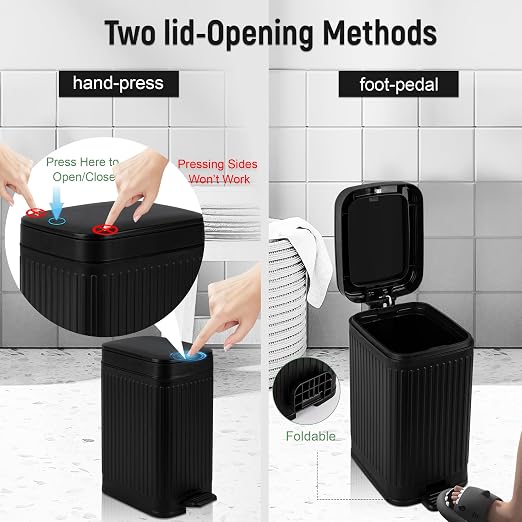 Small Bathroom Trash Can with Lid, 1.9 Gallon Slim Soft Close Step, Black | Garbage Can with Pedal for Office, Bedroom, Kitchen & Living Room, Narrow Plastic Wastebasket Container for Small Spaces