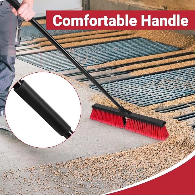 3PK 24" Push Broom Outdoor, Stiff Bristle Push Broom Brush for Workshop, Garage, Concrete, Patio and Deck Floor Sweeping(63" Long Handle)
