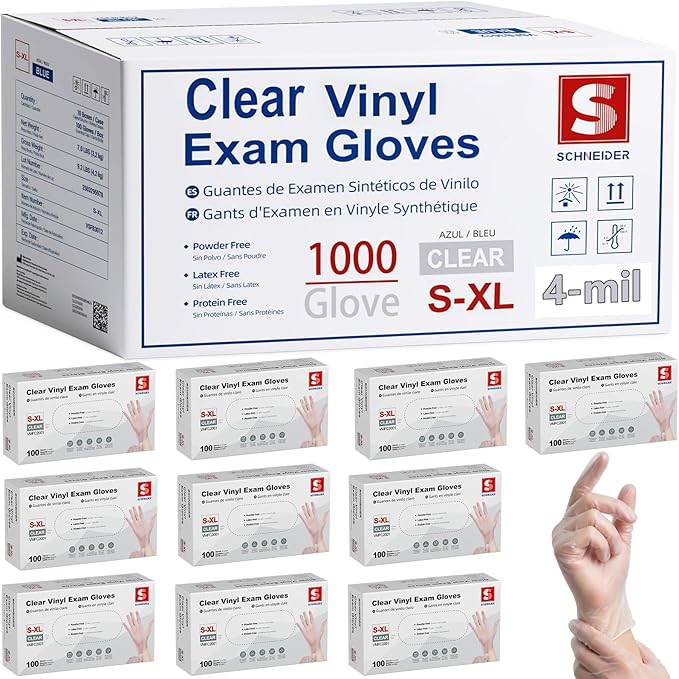Schneider Medical Vinyl Exam Disposable Gloves Latex Free | Powder free, clear，Food Safe, Cleaning, Exam，Cooking，Food Prep， Comfortable Fit, Ambidextrous, Unisex