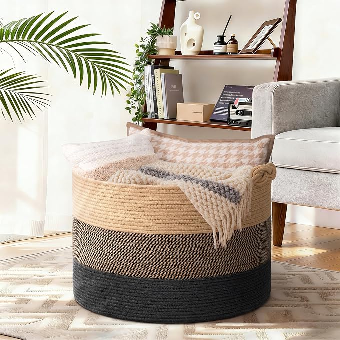 22"x22"x14" Large Blanket Basket, Home Décor for Living Room Bedroom, Decorative Wicker Woven Basket for Clothes, Toy Storage Basket for Kids, Camel Mix & Black