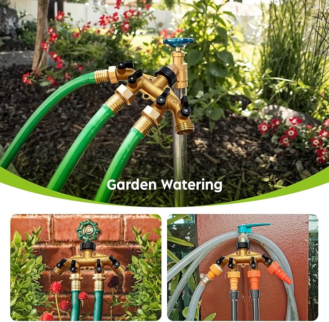Brass 4 Way Faucet Splitter, 4 Port Manifold, 4-Way Garden Hose Splitter, 3/4" Heavy-Duty Spigot Adapter with Individual Shutoff Valves, Solid Brass Manifold, Leak-Resistant