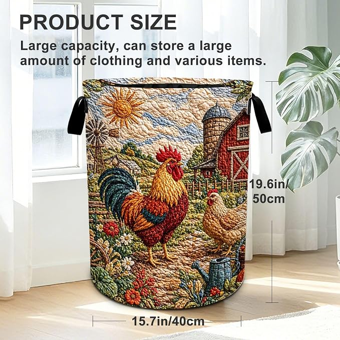 Rooster Print Laundry Basket Foldable Oxford Laundry Hamper With Handle For Room Bathroom Bedroom