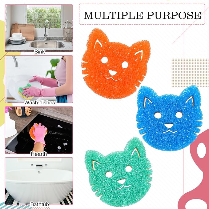 FillTouch Cat 3 Pcs Scrub Sponge, Green, Orange, Blue | Dual Sided Scrub Sponge, Non Scratch Temperature Color Sensitive, Soft Scrubbing for Kitchen Bathroom, Mommy Daddy