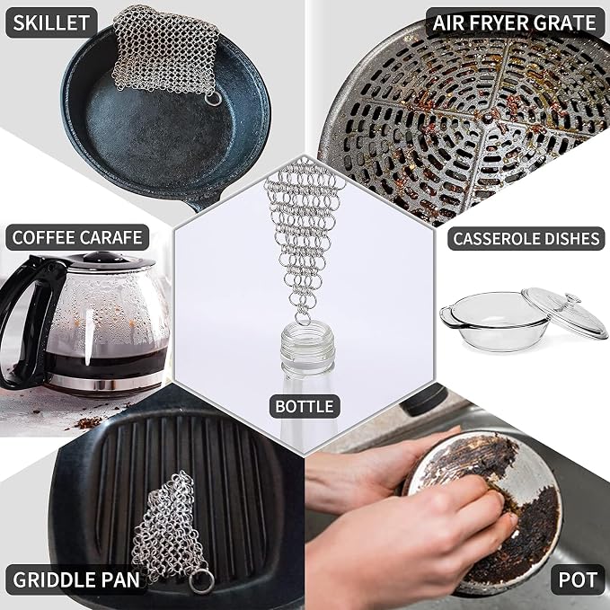 2Pack 4" Chain Mail Cast Iron Cleaner Scrubber, 316 Chainmail Scrubber | Cast Iron Skillet Cleaning Brush, Chainmail Scrubbing Metal Scrub Tool to Clean Dutch Oven Carbon Steel Wok Grill Pan Pot
