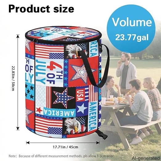 24Gal July 4th Eagle Collapsible Trash Can - Waterproof Pop-Up Bin w/Lid for Camping & Backyard | Leakproof Yard Waste Bag (Patriotic Decor)
