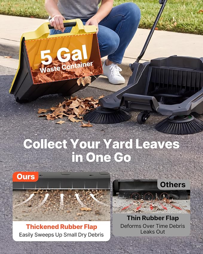 VEVOR Walk-Behind Hand Push Floor Sweeper, Manual Floor Sweeper Non-Electric with 25.6" Sweeping Width, 5 Gallons Waste Container & Adjustable Folding Handle for Yards Walkways Patios Garages - Yellow | 5 Gallons Waste Container & Adjustable Folding Ha...