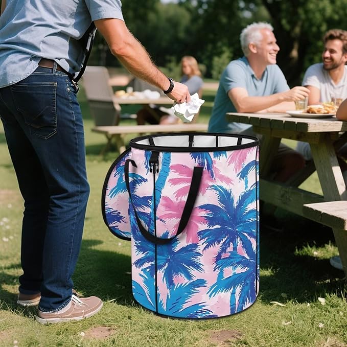 Blue Tropical Palm Trees Collapsible Camping Trash Can with Lid and Handles 24 Gallon Garbage Can Reusable Outdoor Trash Garden Leaf Bin Recycling Waster Bags