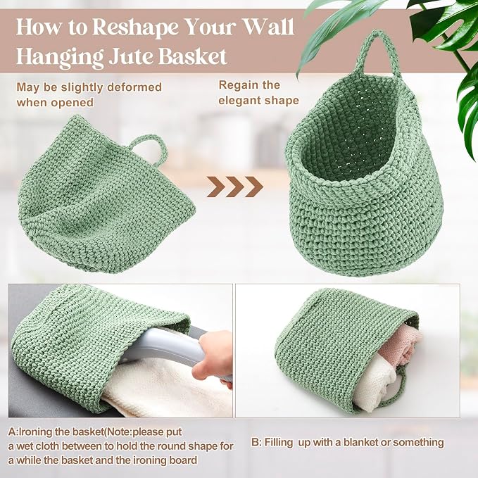 3 Hanging Baskets,Sage Green,Barrel,Cotton Rope | Wicker Wall Baskets with Hooks for Fruit Vegetable Onion Storage, Teardrop Organizer for Kitchen, Boho Farmhouse Decor