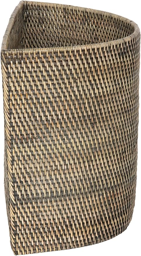 KOUBOO Half-Moon Rattan Waste Basket, Wicker Trash Can, Indoors, Black Wash | Handwoven natural texture, space-saving half-moon shape, lightweight design, ideal for paper and dry household waste