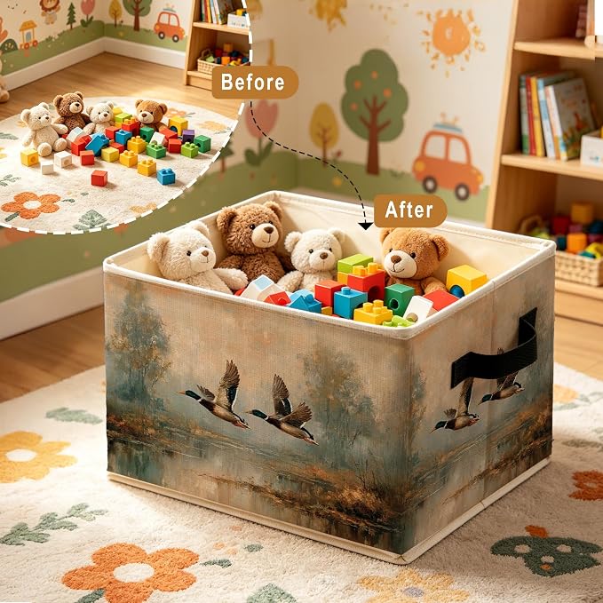 Vintage Flying Mallard Duck Storage Bins Box, Country Landscape Duck Foldable Storage Basket with Handles for Farmhouse Cabin Bedroom Bathroom Home Clothes Books Organizer