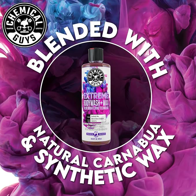 Chemical Guys Extreme Bodywash & Wax Car Wash Soap, 16 oz | Thick clinging foam in cannons, guns or buckets, carnauba adds gloss, gentle on wax and sealant, grape scent