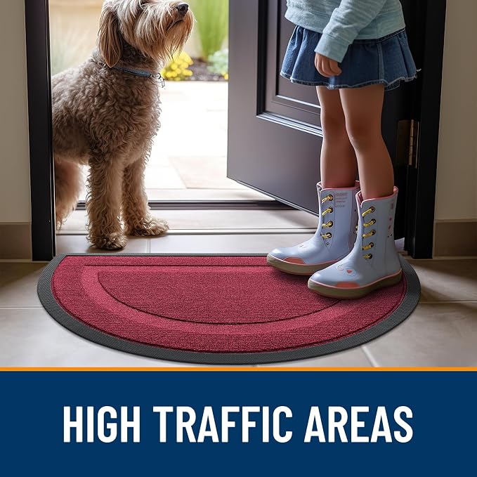 OLANLY Half Circle Front Door Mat Outside 47x23 All-Season Rubber Doormat | Burgundy, Absorbent, Heavy-Duty, Stain Fade Resistant, Waterproof Non-Slip Backing, Low-Profile Indoor Outdoor Entryway Mat