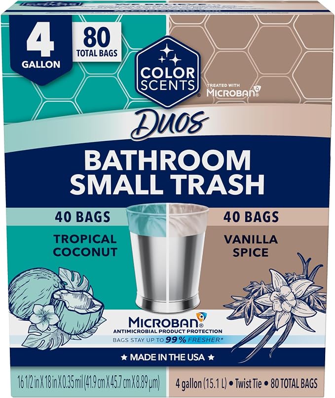 Color Scents 4 Gallon Small Trash Bags Twist Tie 80 Count Duo Scents | Small bathroom trash bags with two fresh scents and Microban protection Ideal waste basket trash bags