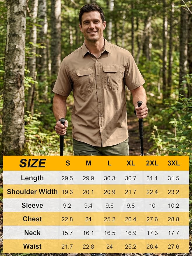 Mens Short Sleeve Fishing Shirt Sun Protection Quick Dry Lightweight | Breathable Fabric, Multi Pockets, for Fishing Safari Hiking Hunting Camping Outdoor Work Casual Wear