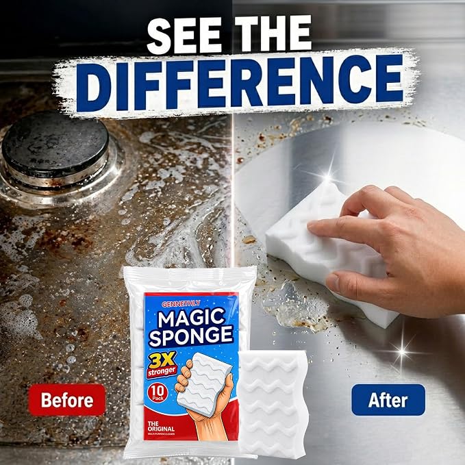 3X Density Magic Sponge Eraser, 10 Pack Cleaning Sponge for Kitchen & Bath | 3X density foam, Extra durable sponge, Ergonomic wavy grip, Deep cleaning power, Multi-surface cleaning, 10 pack value