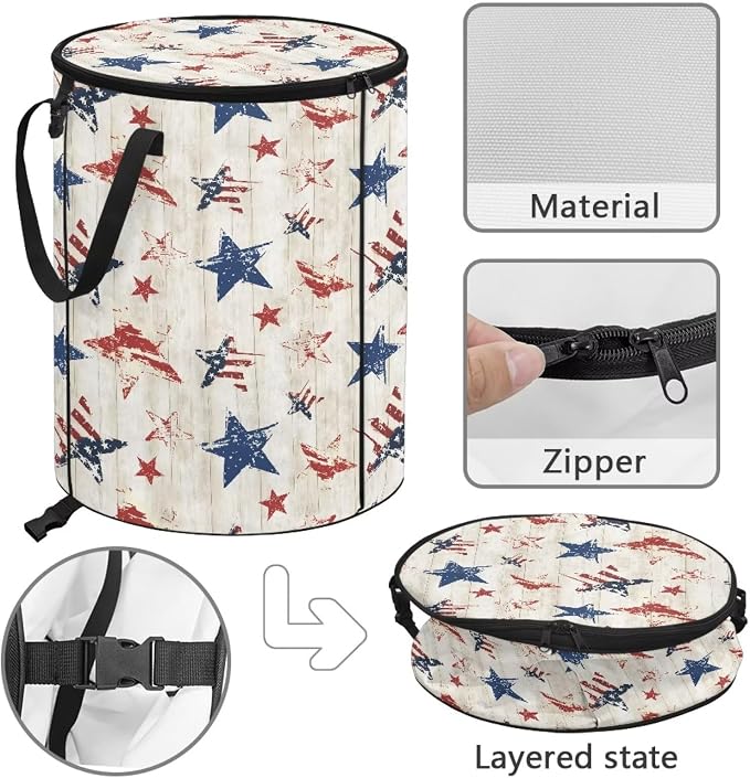Collapsible Garden Leaf Bin Reusable Container Bag 24 Gallon Large Capacity Foldable Trash Can with Lid and Handle for Camping Outdoor Picnics, American Flag Print