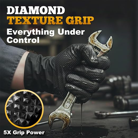 Heavy Duty Black Industrial Nitrile Gloves, 8-mil, Large, Box of 100, Latex Free, Raised Diamond Texture, Powder Free, Food Safe, Rubber Gloves, Mechanic Gloves(L)