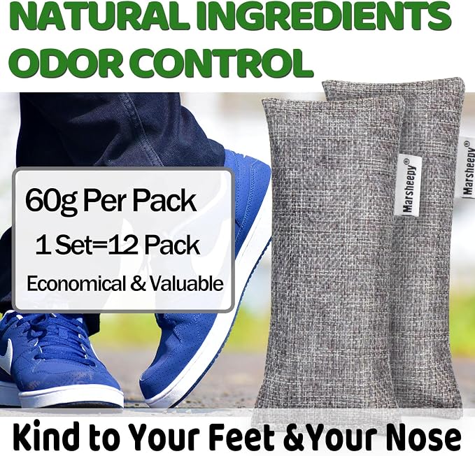12 Pack Bamboo Charcoal Shoe Deodorizer Insert Bags, Shoe Odor Eliminator | 100% Natural Shoes Smell Remover，eliminates odor naturally,Odor Eliminator for shoes, Home, Closet, Pet