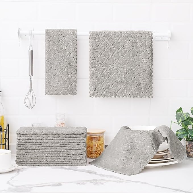 Homaxy 24 Pack Super Soft Absorbent Dish Towels, 10" x 20", Grey | Coral Velvet, Nonstick Oil Fast Drying Microfiber Cleaning Cloth, No Lint Dishcloths for washing and drying