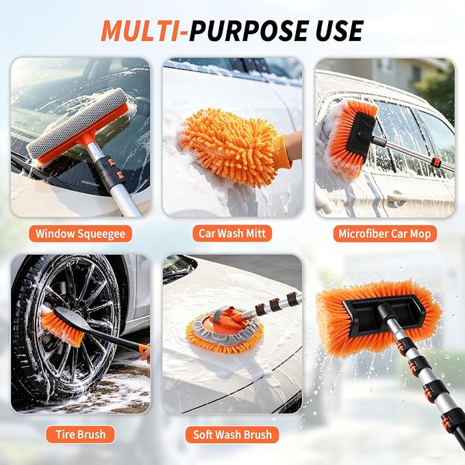 144'' Car Wash Brush with Long Handle Cleaning Kit | Scratch-Free Soft Bristle Wash Brush, Microfiber Mop, Window Squeegee, Wheel Brush, Mitt, Bucket, For RV, Truck, Boat, SUV