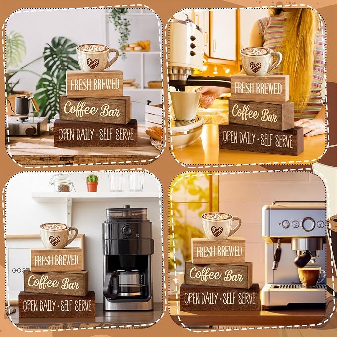 Moucuny 4 Pcs Coffee Bar Wooden Sign Decor Rustic Farmhouse Kitchen Table | Tiered Tray Centerpiece, Bar Supplies for Home, Self Serve Display, Station Decorations for Countertop, Rustic Gift