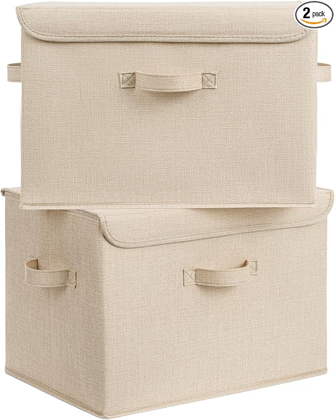 GRANNY SAYS Memory Keepsake Storage Box, Fabric Storage Bins with Lids | Flip-Top Lid, Collapsible, Stackable, 3 Handles, Ideal for Closet Clothes Blanket Toys, Extra Large, Khaki, 2-Pack