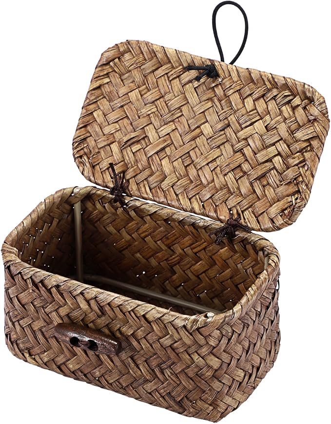 Hipiwe Mini Seagrass Basket Box with Lid Wicker Storage Bins, 4.3x 2.5x2.1" | Small Handwoven Baskets Organizer, Multipurpose Desktop Baskets for Home Decor