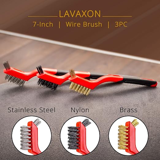 Wire Brush Set 3Pcs - Nylon/Brass/Stainless Steel Bristles with Curved Handle Grip for Rust, Dirt & Paint Scrubbing with Deep Cleaning – 7 Inches (Red)