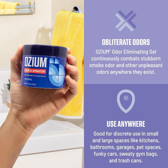 Ozium 4.5 Oz. Odor Eliminating Gel, Air Freshener Alternative | For Smoke, Pets, and Musty Odors, Long Lasting Odor Remover for Cars, Homes, Closets and Small Spaces, Linen Scent