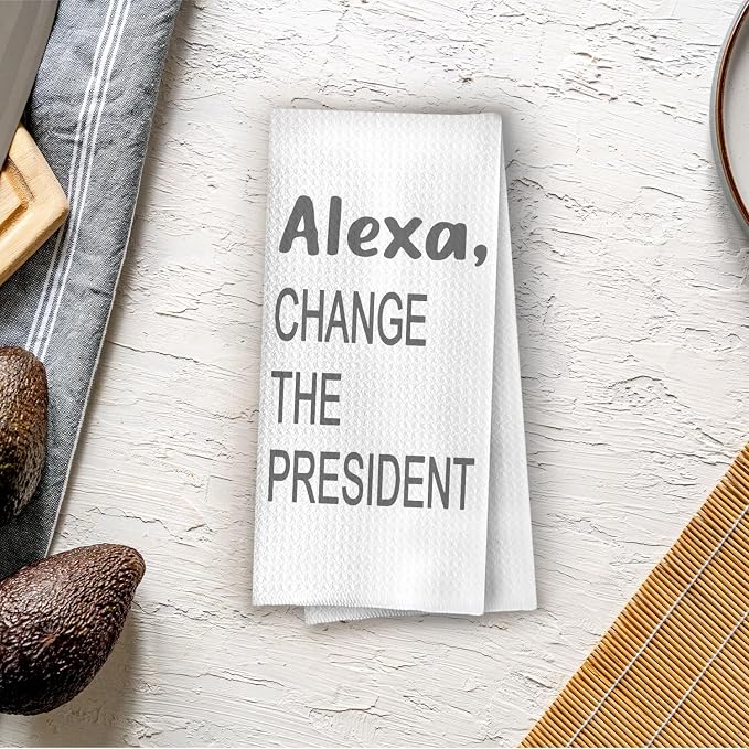 Funny Political Kitchen Towels - Funny Decorative Waffle Dish Towels, Change The President Hand Tea Towel, 16x24 Inches - Gray