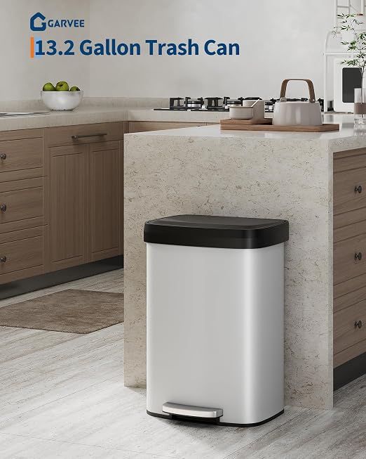 GarveeHome 13 Gal / 50 L Step-on Trash Can, Large Metal Kitchen Garbage Bin with Soft Close Lid, Rustproof Stainless Steel Trash Can, Inner Bucket Rim & Rear Handle, White
