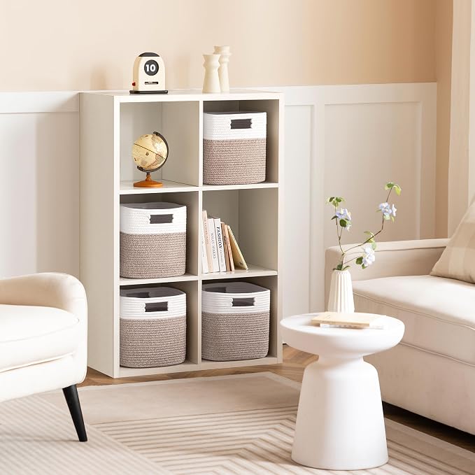 Dreamcountry 13x13 Cube Storage Bins, Storage Cubes with Handles, 4 Pack Cotton Rope Basket for Shelves, Cube Storage Organizer forToys, Book, Clothes, Home, Office, Nursery, White/Brown