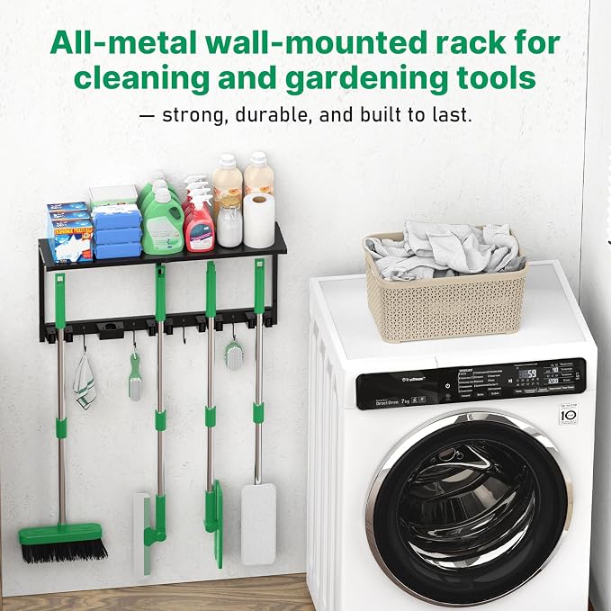 CCCEI Broom and Mop Wall Mount with Shelf, Laundry Room Cleaning Tools Organization Hanging Rack with Hooks, Bathroom, Garage, Garden Organizers and Storage. All Metal, Black, 1 Pack.