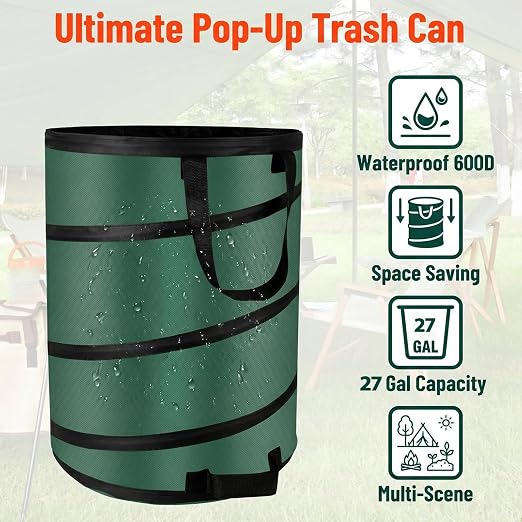 27 Gallons Collapsible Outdoor Trash Can Reusable Lawn and Leaf Bags | Pop Up Garbage Trash Can/Recycle Bin, Heavy Duty 600D Waterproof Oxford Fabric Reusable Yard Waste Bag(27 Gallons-2Pcs)